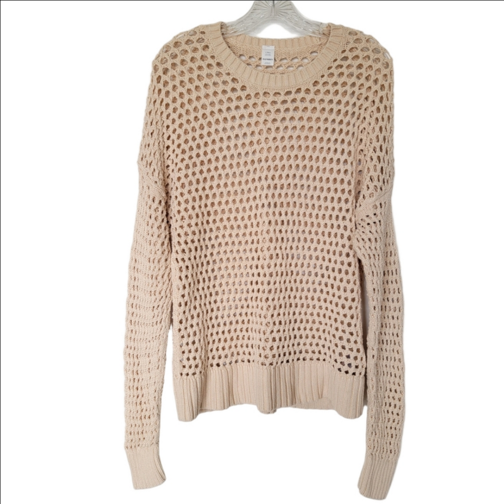 Old Navy Neutral Beige Open-Knit Crewneck Sweater